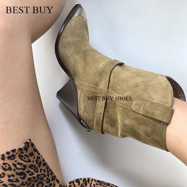 Metal Toe High Heel Women Boots Genuine Leather Short Ankle Boots Suede Leather Pointed Toe Heels Shoes Ladies Matin Boots 2024