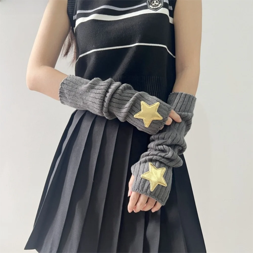 New Long Arm Warmer Gloves Cold Proof with Pentagram Patch Warm Arm Sleeve Knitted Fingerless Gloves Autumn Winter