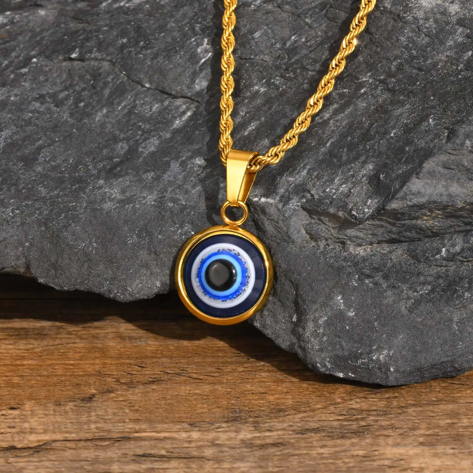 Lässige böse blaue Augen-Halsketten für Männer und Jungen, runder Anhänger aus Edelstahl, ethnisches türkisches Amulett, Geschenke, Schmuck – Detail 6