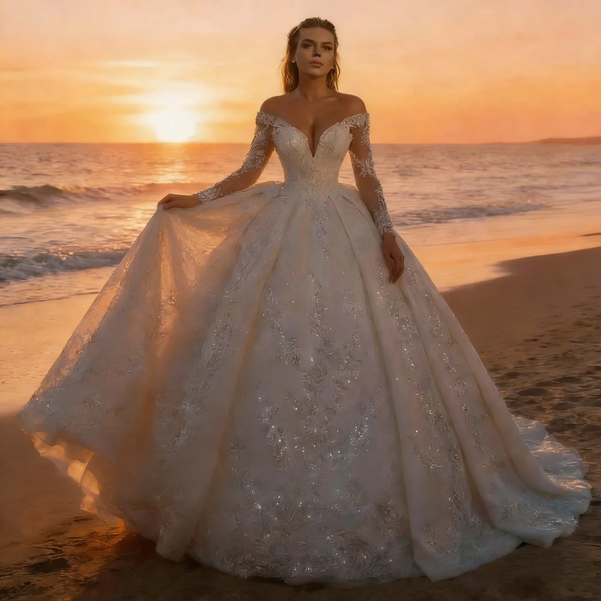 Luxurious Shiny A-Line Lace Decal Women's Wedding Dress Sexy V-Neck Off Shoulder Long Sleeved Ballroom Bride Dress Customized