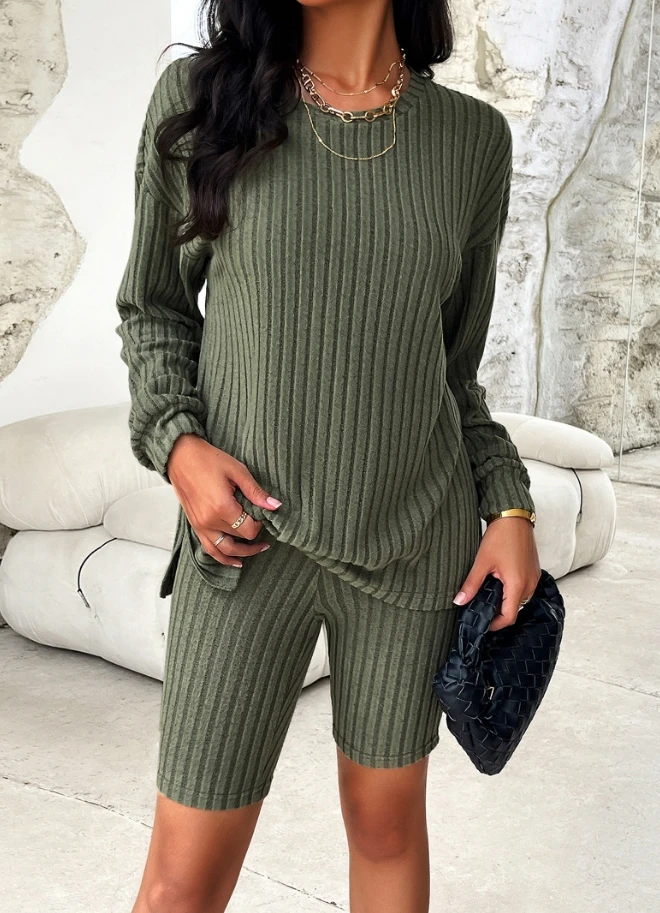 Two Piece Set Women Outfit 2024 Summer Solid Color Casual Round Neck Long Sleeved Top & High Waist Skinny Daily Shorts Set