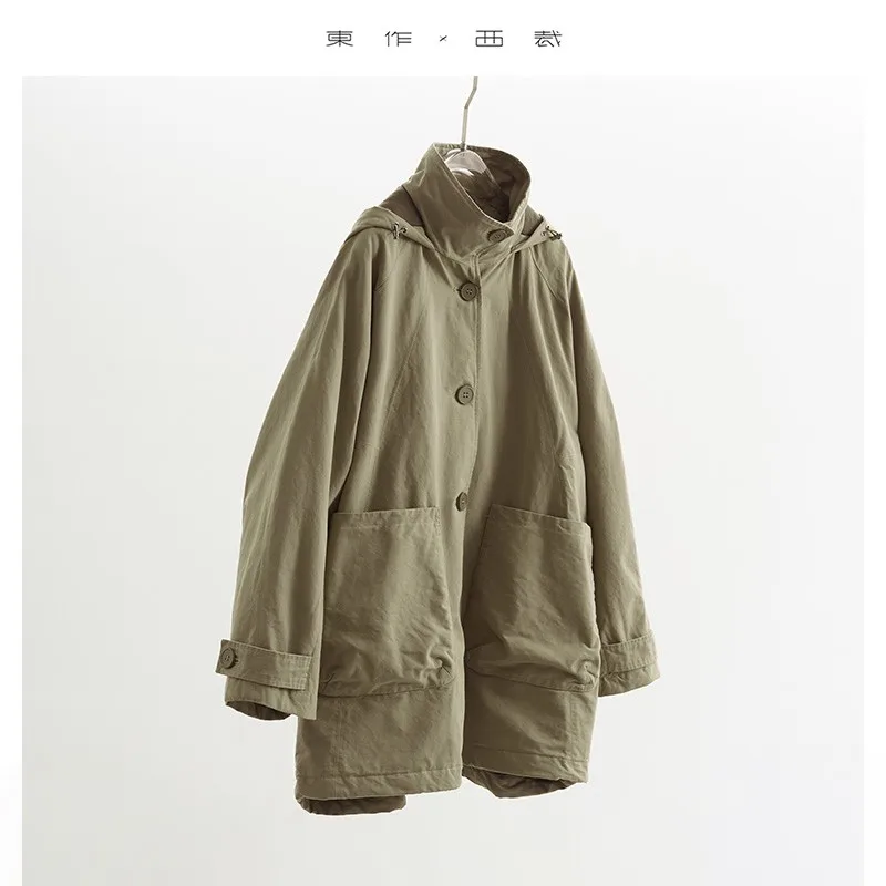 

Личная коллекция! Простой и универсальный ~ хлопковый плащ в стиле рабочей одежды большого размера с капюшоном, пальто средней длины, хлопковая одежда для женщин