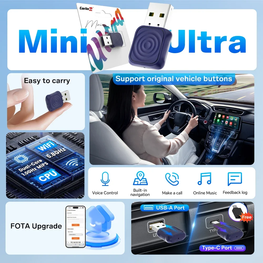 CarlinKit 5.0 Mini Ultra CarPlay Wireless Adapter 2 In 1 Wifi 5.8G Android Auto Wireless Dongle for Spotify Music OEM Car