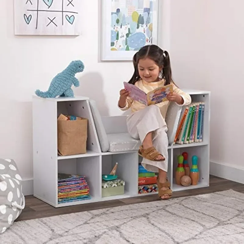 Wooden Bookcase with Reading Nook, Storage and Gray Cushion, White, Gift for Ages 3-8 book rack for room