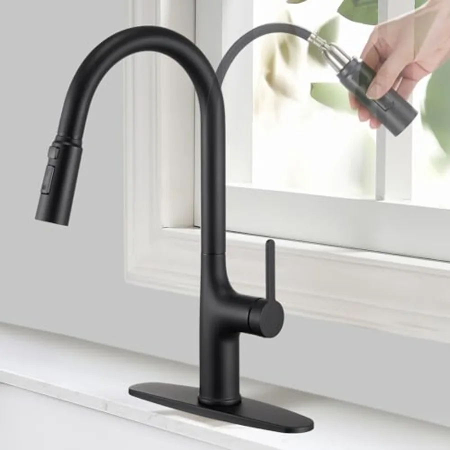 

Black Kitchen Faucet with Pull Down Sprayer, Kitchen Sink Faucets with Deck Plate 3-Function Power Boost Pull Out Sprayer Moder