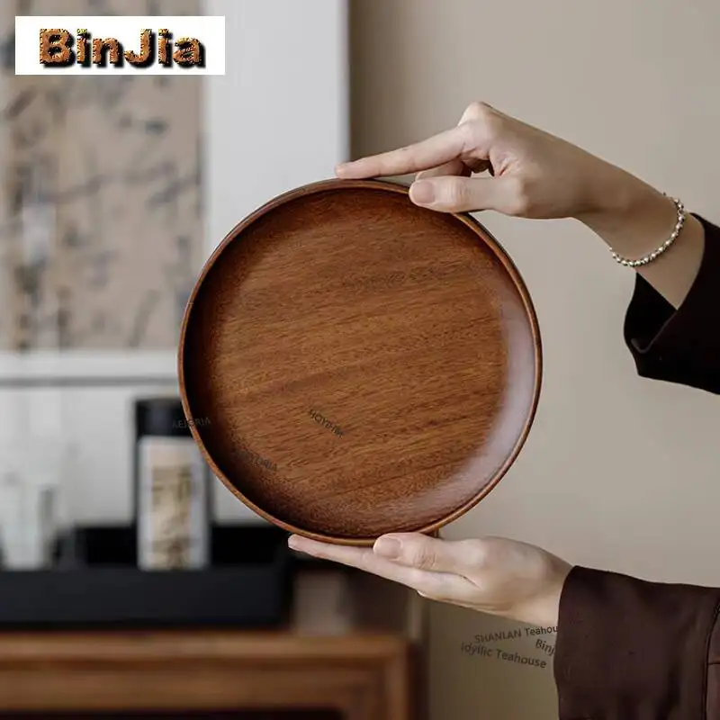 Walnut Bamboo Round Tea Tray Snack Plate Coffee Storage Board Teapot Insulation Pad Dishes For Serving For Tea Supplies Craft
