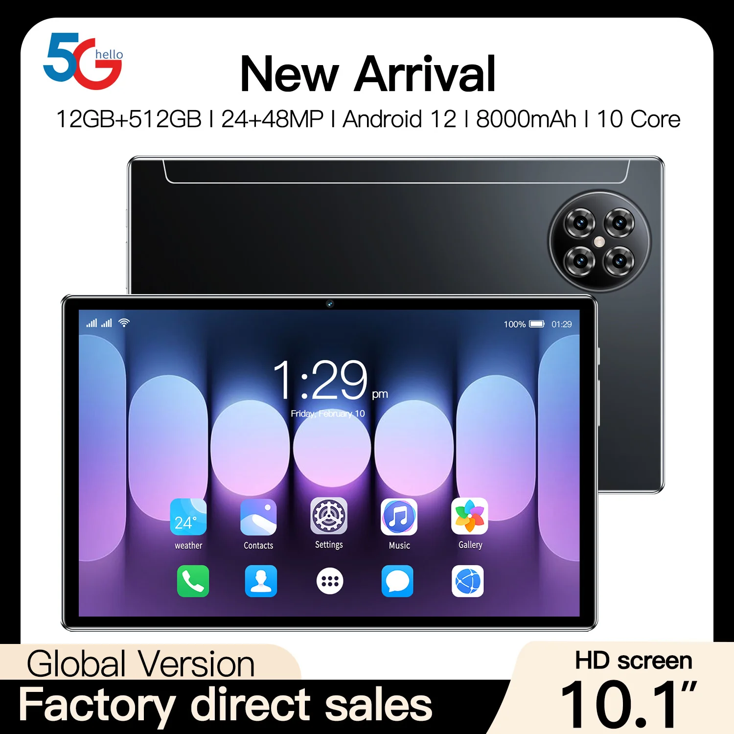 2024 Global Edition X90 Android 8 10.1-inch IPS Screen Tablet 12GB RAM+512GB ROM Bluetooth5.0 5G Wi-Fi GPS Dual Camera Tablet PC