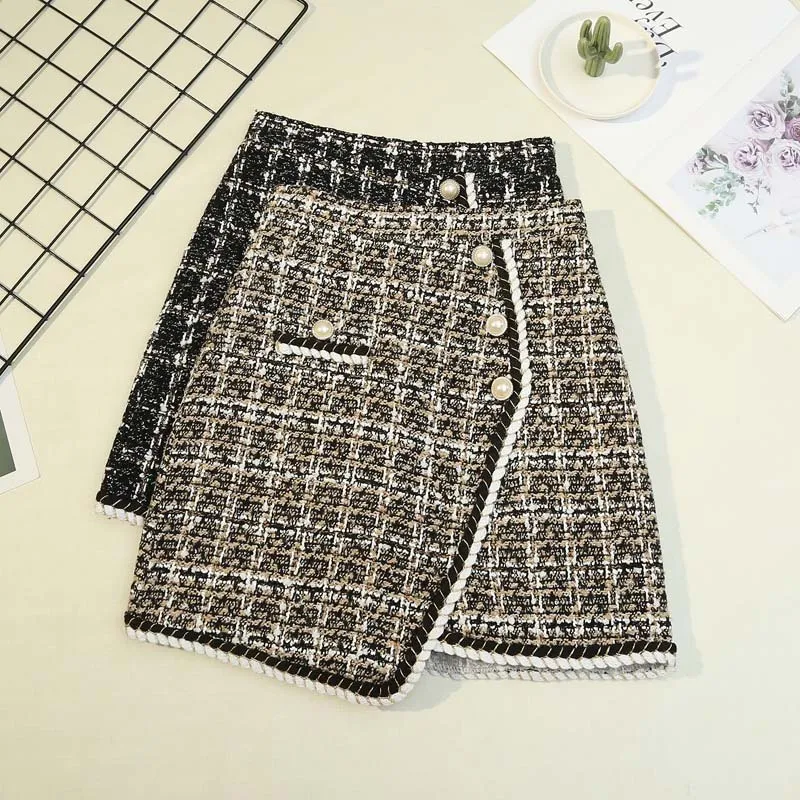 

Irregular Plaid Skirt for Women Korean Style High Waisted Single Breasted Slimming A-line Skirt