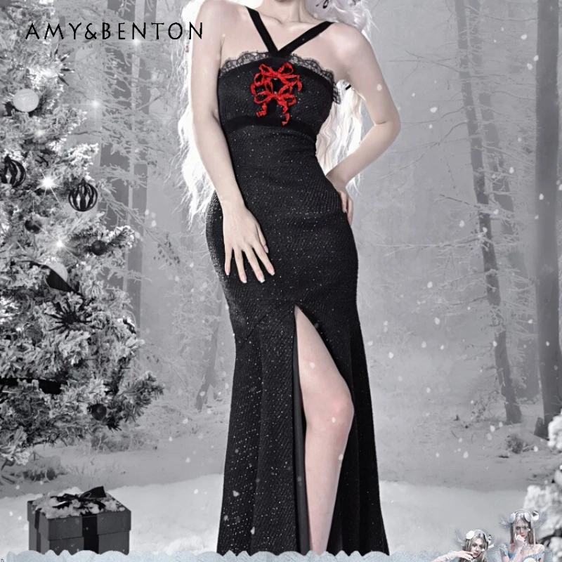 

Original Design Dark Gothic Women's Clothing Spring Autumn New Year Velvet Sexy Lace Splcing Slimming Mermaid Dresses Ladies