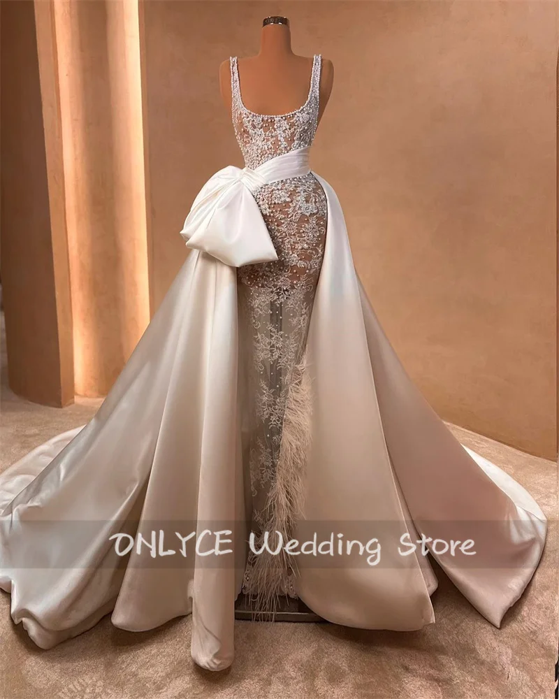 New Design Sparkly Wedding Dresses 2024 Detachable Train Straps Pearls Lace Beading Bridal Gowns Dubai Arabic Vestido De Novia