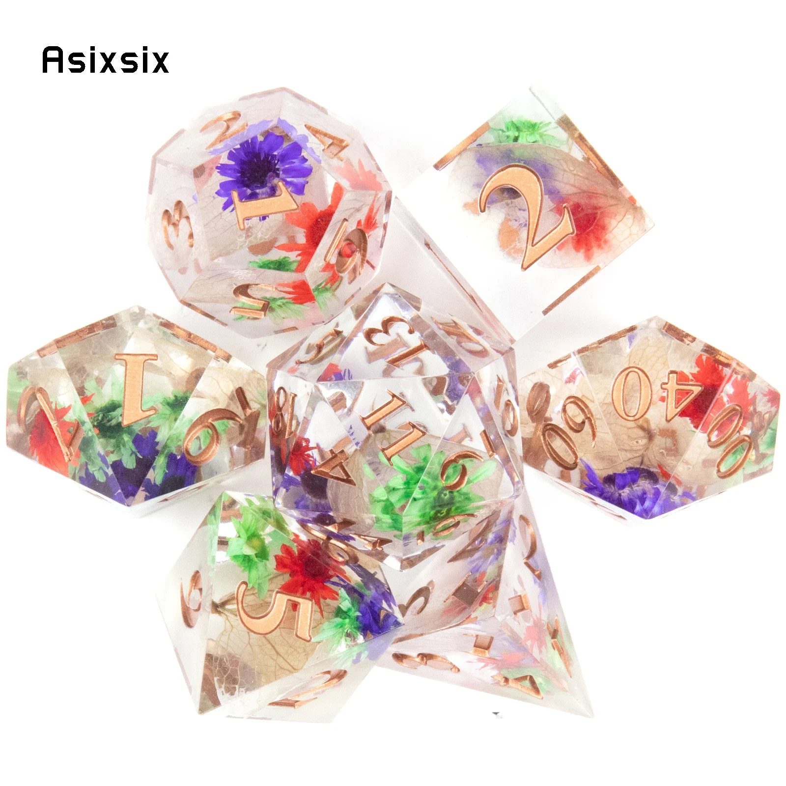 

7 Pcs Colorful Flower Resin Golden Number Sharp Edge Dice Polyhedral Dice Suitable For Role-Playing RPGGift