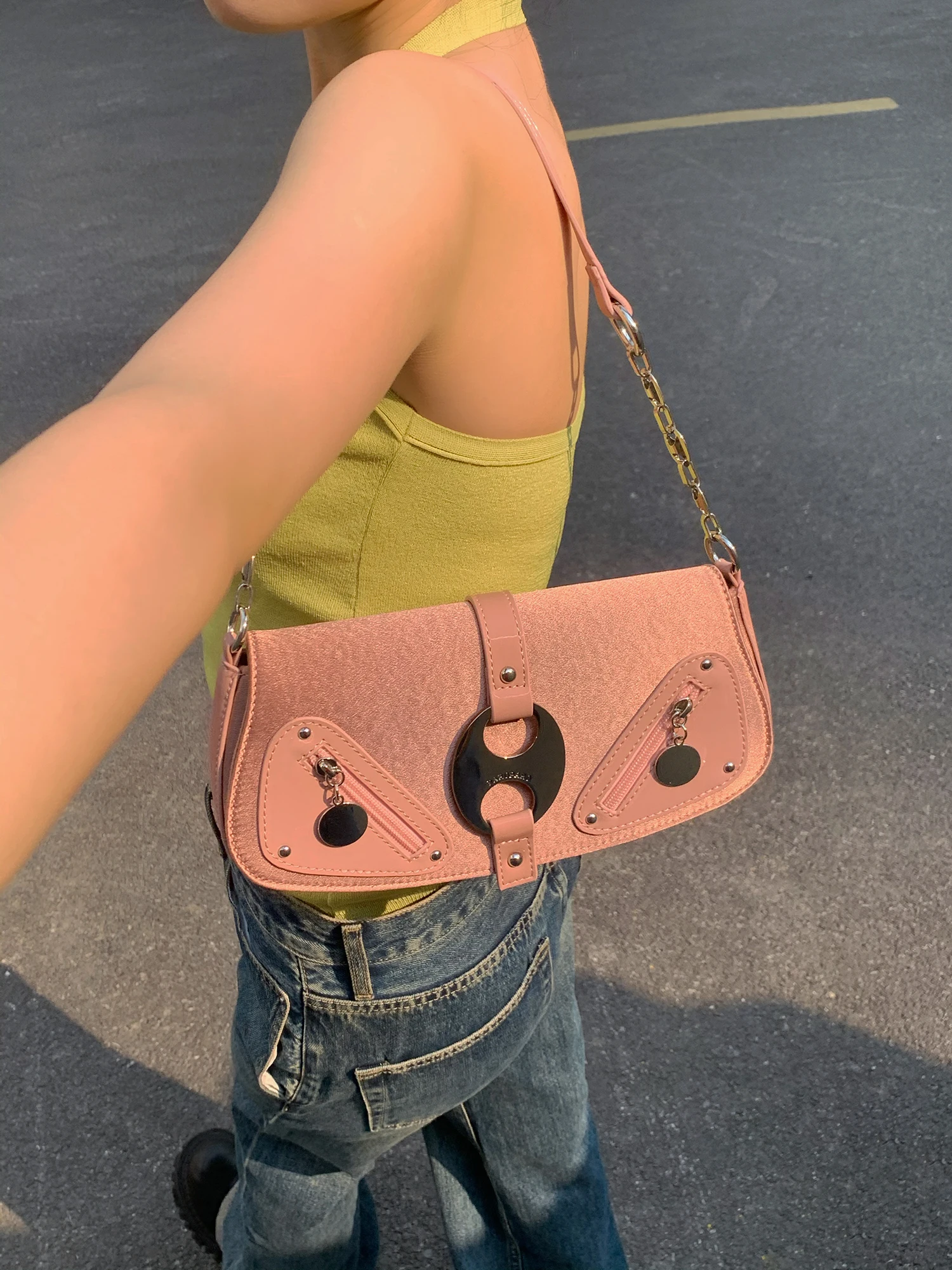 Borsa a tracolla riflettente con anello in metallo a doppio foro Spice Girl di nicchia dal design originale