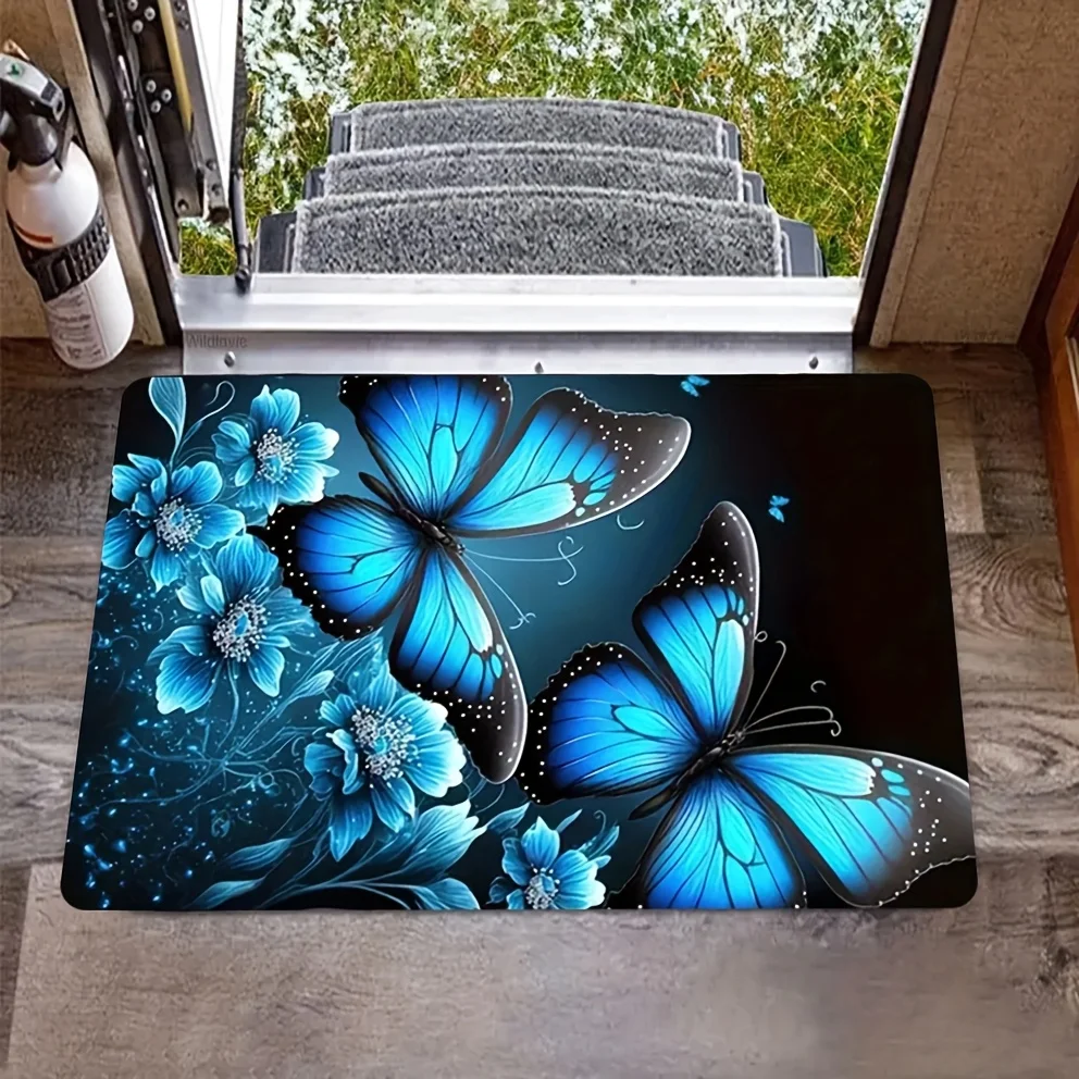 Blue butterfly flower pattern Flannel-printed floor mats are slip-resistant Suitable living room bedroom terrace garden carpets