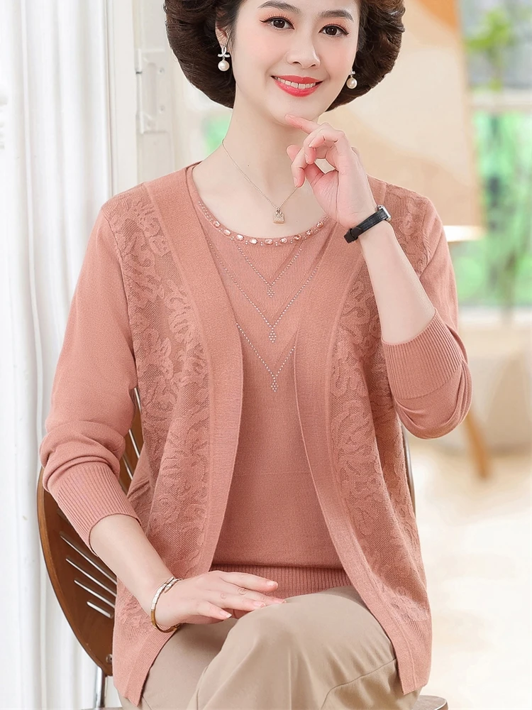 

Versatile Thin Knitted Outerwear Spring Autumn Middle-Aged Women's Faion Loose Fit round Ne Single Piece Drill Detail