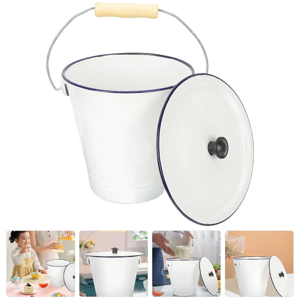 

Enamel Bucket with Lid Milk Pail Small Trash Can Flower Rice Dispenser Rustic Pots Drink Bins for Parties Metal Container