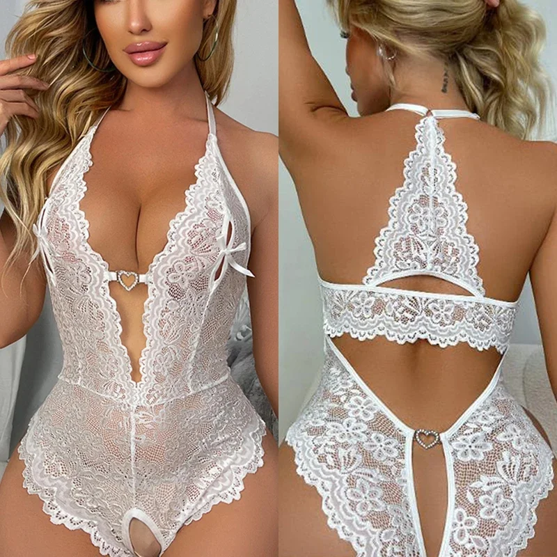 

Sexy Crotchless White Lingerie Women Lace Naughty Open Bra Erotic Costumes Teddy Baby Doll Dress Deep V Hot Porn Underwear Set