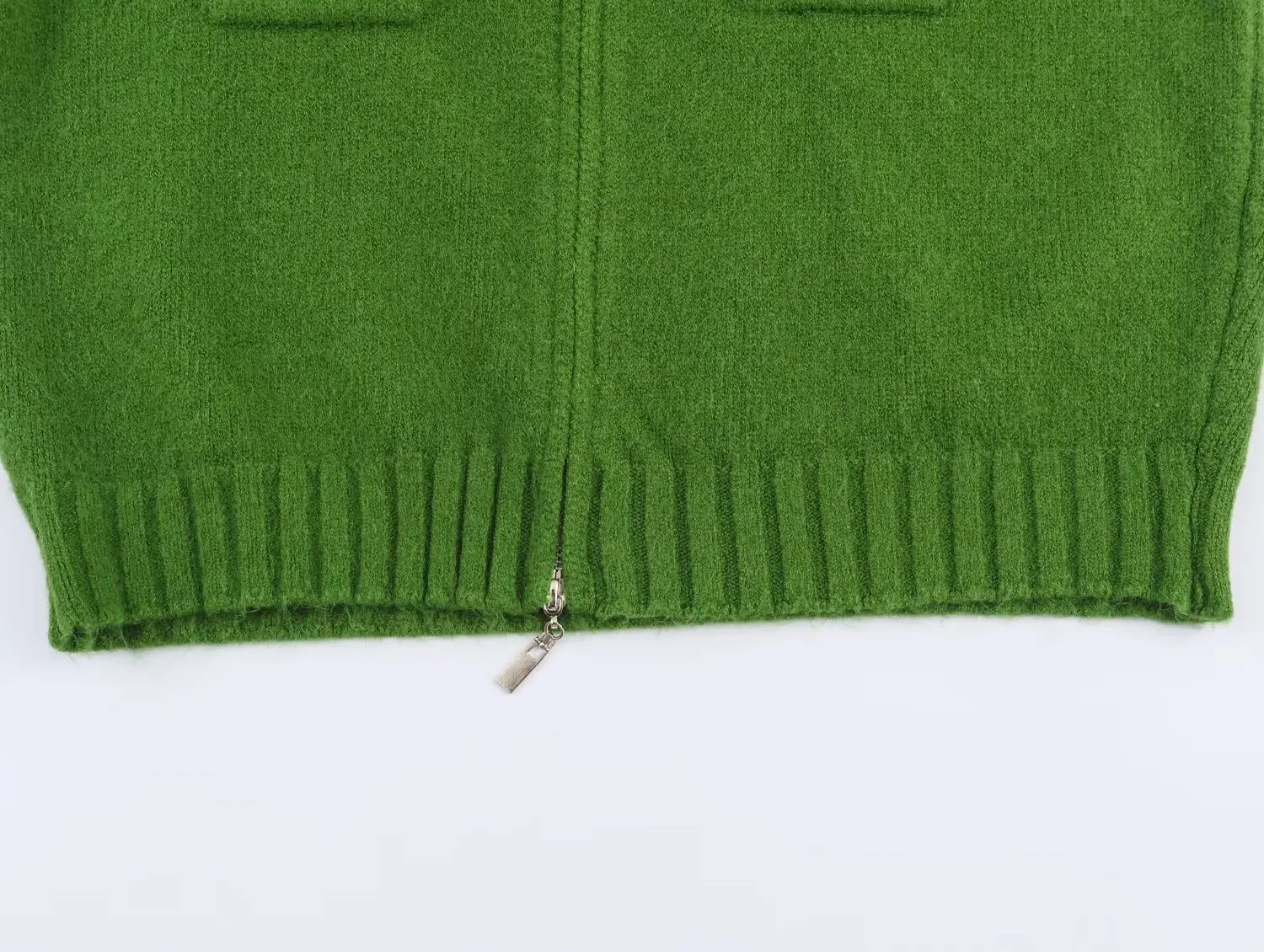 KONDALA Vintage Grün Zipper Frauen Tasche Winter Casual Strickjacke Chic Mode 2025, Pullover Warme Herbst Streetwear Stricken Outwear