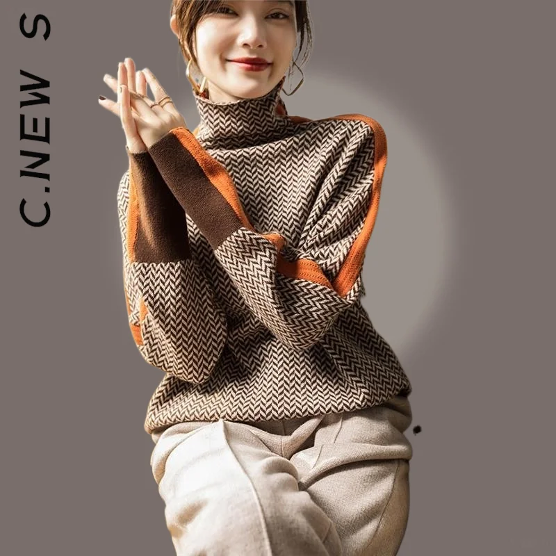 C.New S,Knitted Turtleneck,New Women Sweater,Elegant Top,Women Cheap Pullovers, Sweaters Women,Vintage Girl Knitwear,Female