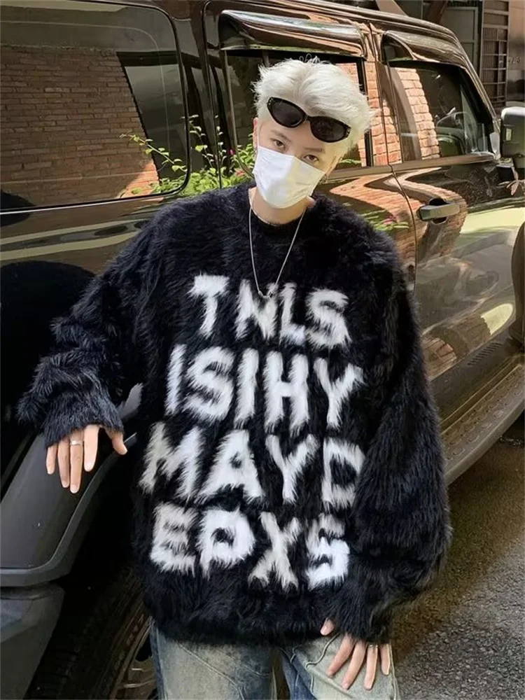 

Thiened Letter Print Men's Knitted Sweater round Ne Loose Fit Winter Warm Mink Fur Casual Top Youth Faion Sle