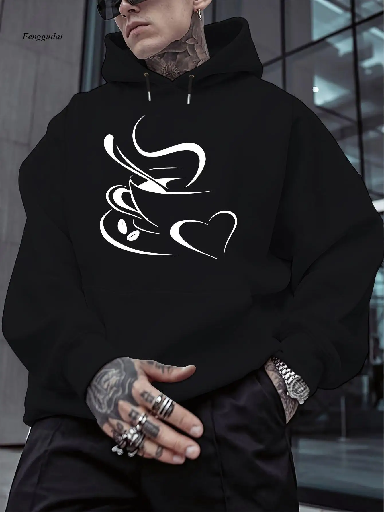 Casual Hooded Sweatshirt with Coffee and Love Graphic Print - Cozy Velvet Pullover for Fall and Winter, Long Sleeve Design