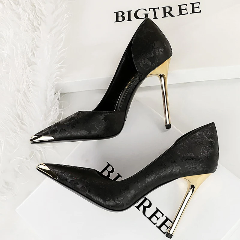 BIGTREE Shoes Women 11 Cm Heels Silks Satins Woman Pumps Metal Pointed Toe High Heels Fashion New Female Pumps Sexy Party Shoes