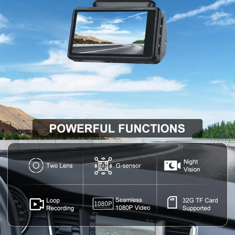 Car DVR Interior Rear View Camera 2 Lens DashCam Reverse Dash Cam Driving Video Recorder 1080P 3 inch Display IPS Accessories