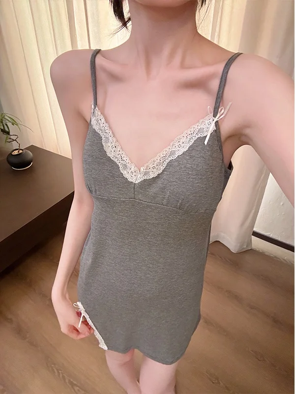 

Summer Modal Women's Nightgown Strap V-Ne Padded Chest Deep ey Sp Dr Sweet Sle Home Clothes Thin Polyester Fabric