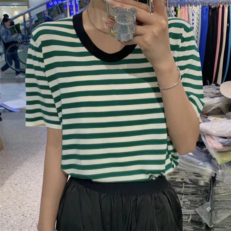 Knit short sleeve women's ice silk blouse thin round collar  black and white striped cotton T-shirt summer loose half sleeve