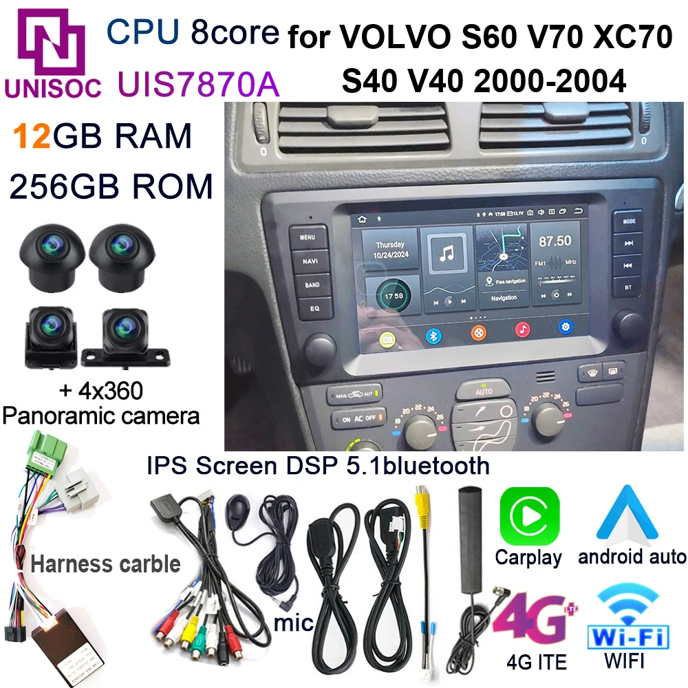 Carplay Android 12G+256G GPS Car Android Player Multimedia For VOLVO S60 V70 XC70 XC90 2000 2001 2002 2003 2004 Original Styel