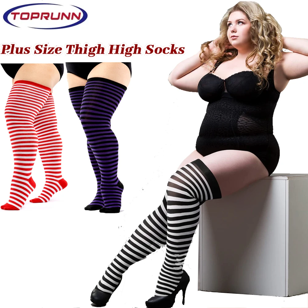 1Pair Plus Size Womens Thigh High Socks for Thick Thighs- Extra Long Striped Thick Over the Knee Socks- Leg Warmer Boot Socks