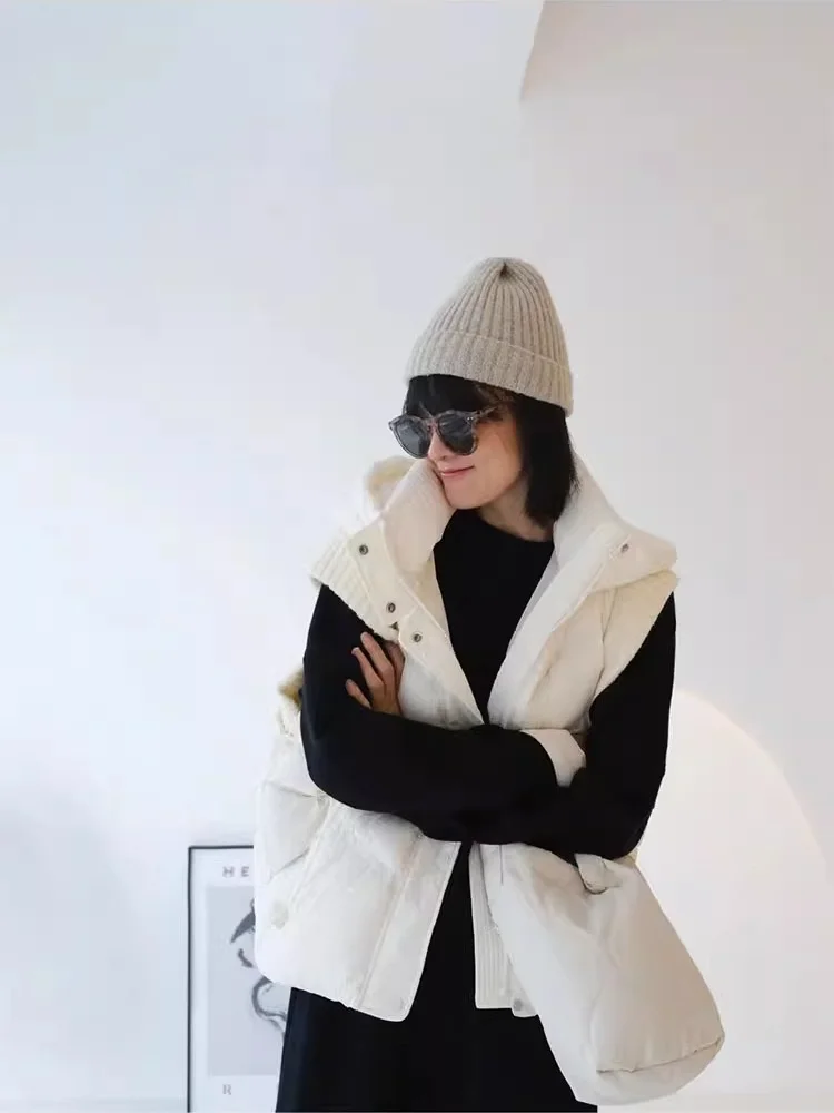 Winter New Clothes for Women White Duck Down Thickened Warm Down Vest Knitted Hooded Sleeveless Lightweight Down Jacket