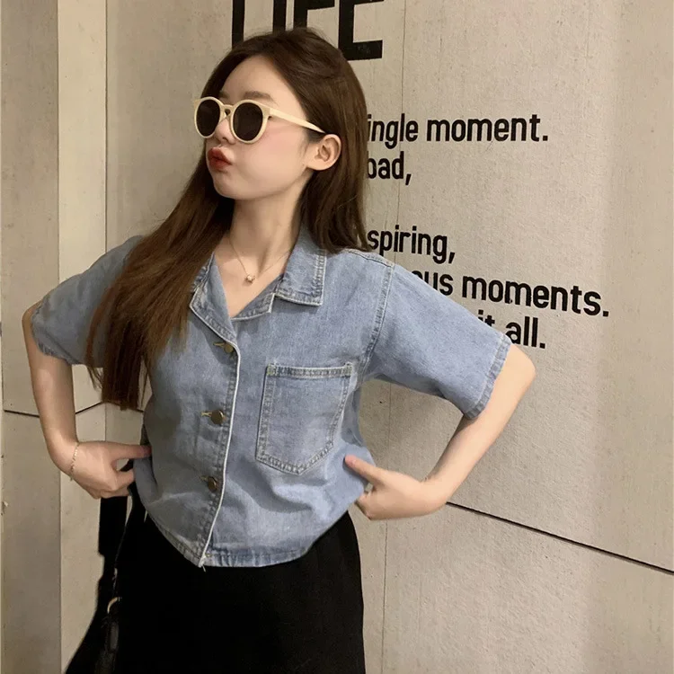 Plus Size Vintage Design Sensibility Women's Short Sleeve Denim Jacket Shirt Cropped Loose Fit Summer New Arrival Nanning Fabric
