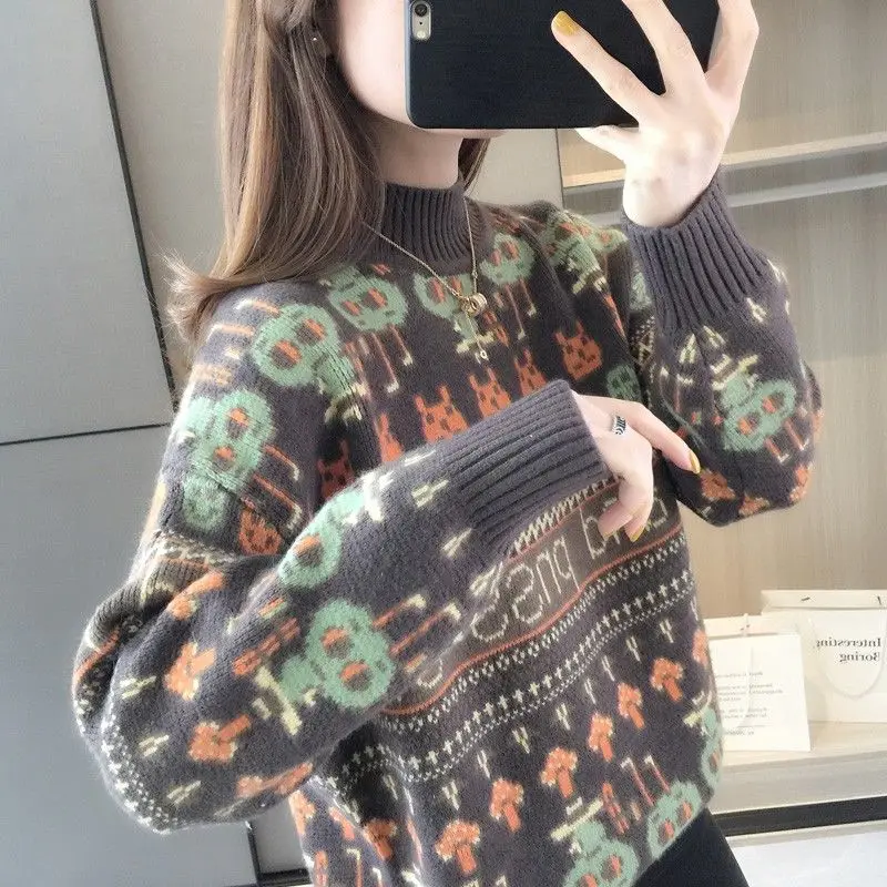 

Preppy Style Loose Contrast Sweaters Long Sleeve All-match Youth Lazy Pullovers Autumn Winter New Fashion Casual Women Clothing