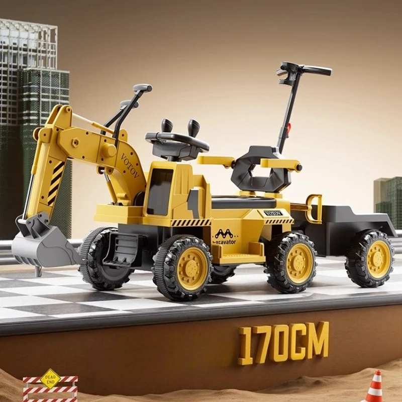 Electric Kids Ride on Excavator Toy Steerable Push Handle Bluetooth Music Light Digging Arm Outdoor Toy Play Kids Birthday Gift