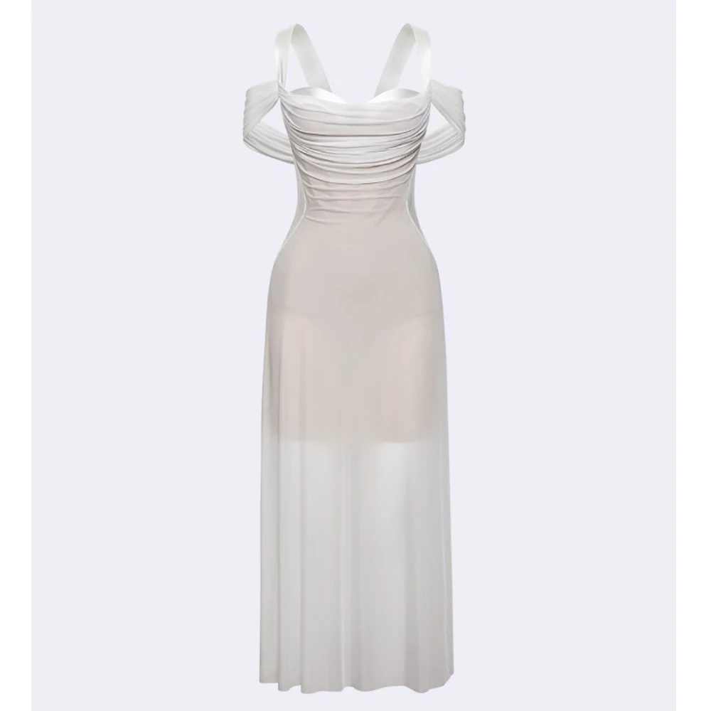 Sexy dames hoge kwaliteit retro one-line schouder met blote schouders lichte luxe satijnen lange jurk elegante avondfeestjurk