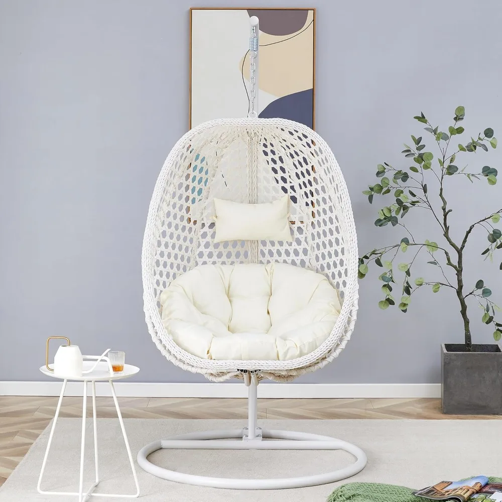 Silla colgante de ratán de gran tamaño con soporte, cojín grueso y basculante para exteriores, para interiores y exteriores. Cómoda silla columpio de huevo