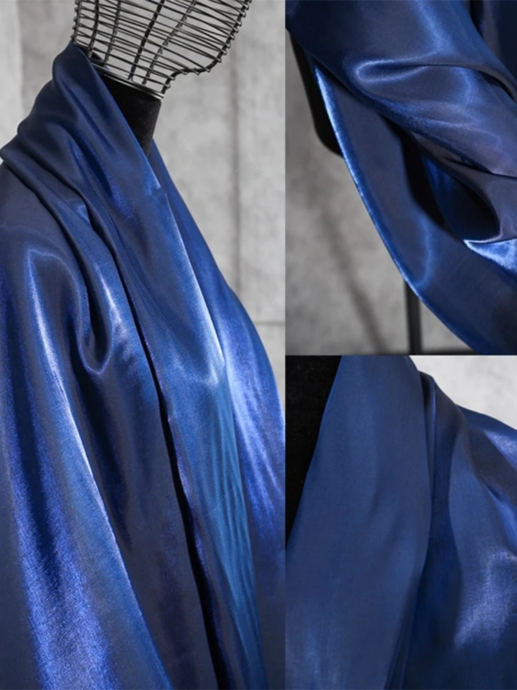 

Королевская синяя градиентная стеклянная ткань, гладкая и струящаяся шитая рубашка, вечернее платье, сценический костюм, ткань ханьфу