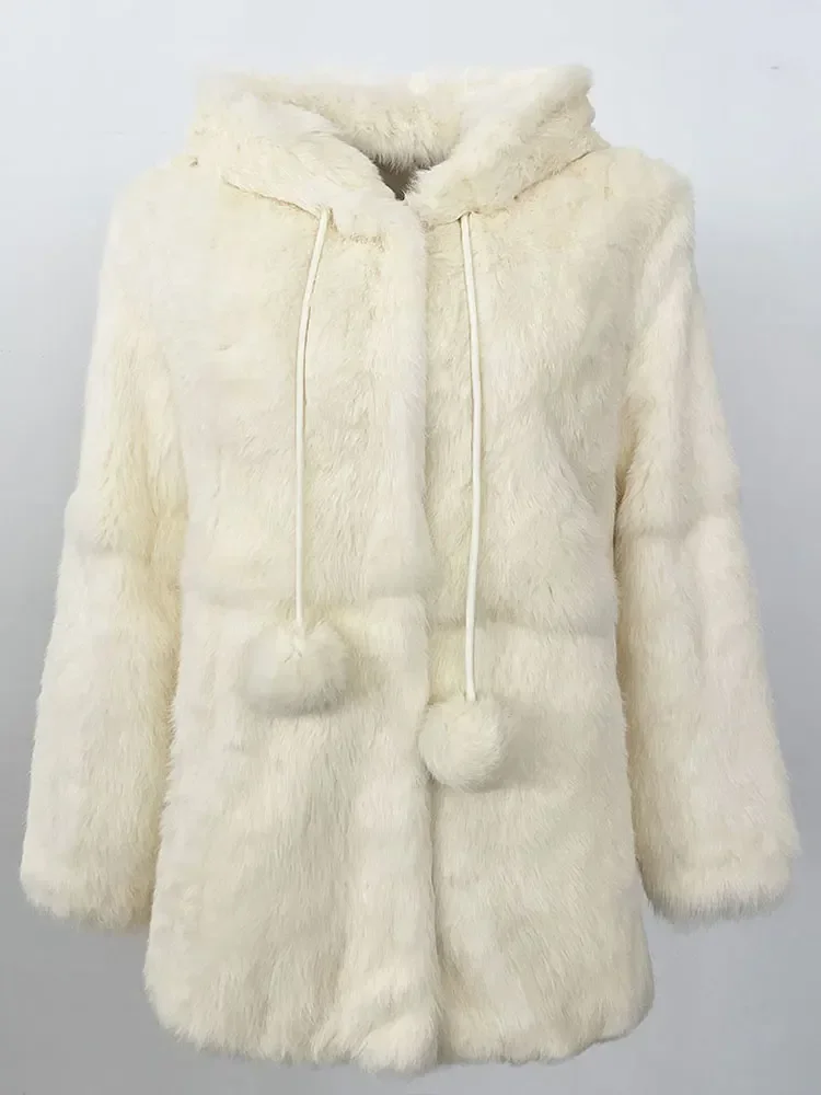 

Fashion Real Fur Thick Warm Coat 2025 New Autumn Winter Hooded Jacket Women Natural Color Rabbit Fur Outerwear Casual
