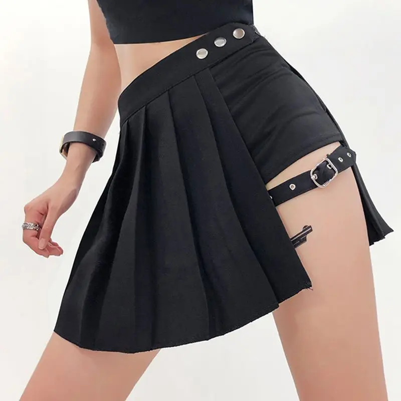 Pleated Girls Gothic Half Skirts Summer Harajuku Punk Style Plaid Irregular Skirts Women Asymmetrical High Waist Black Skirts