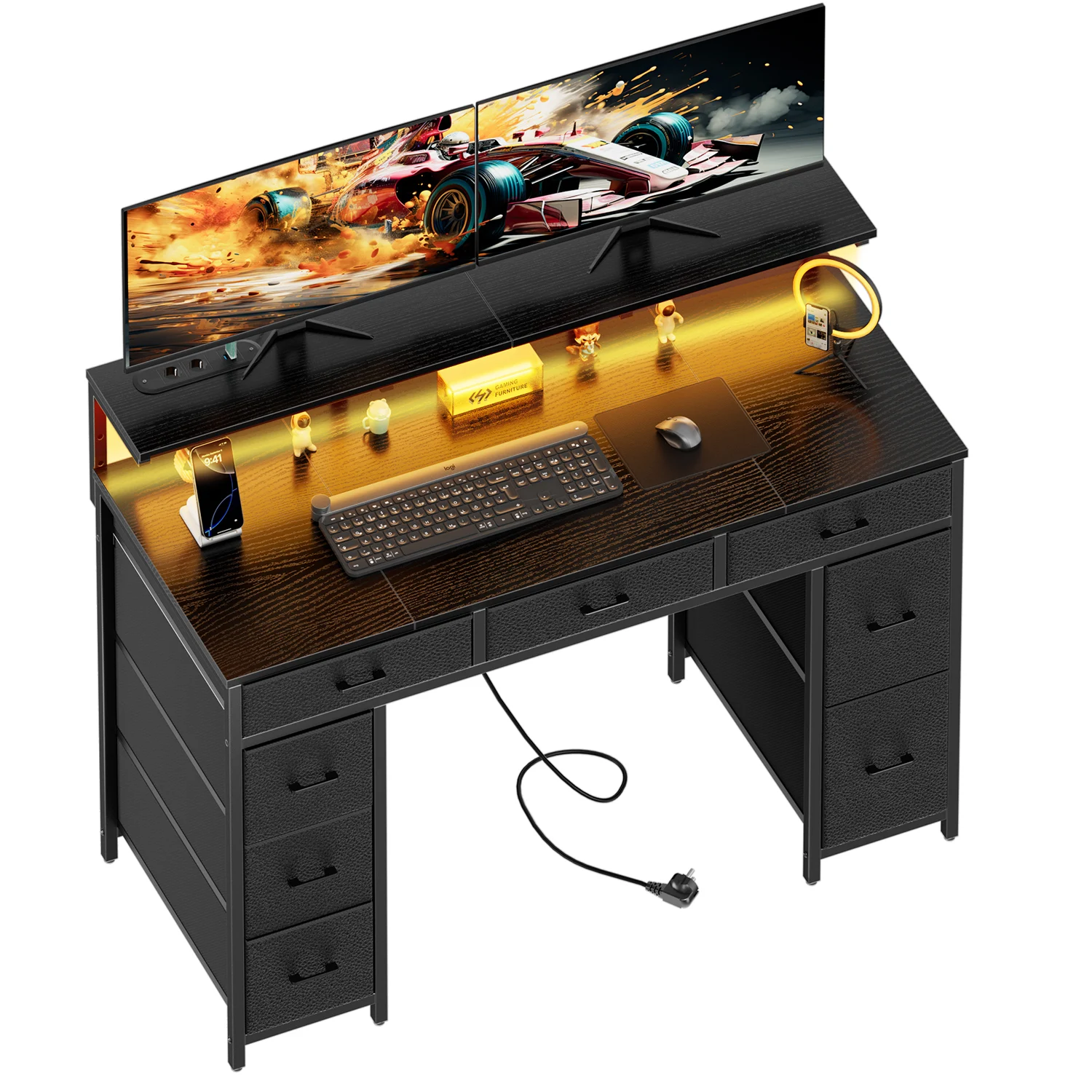 Computerbureau met 8 opberglades, verstelbare monitorstandaard, bureau met LED-verlichting en USB-aansluitingen, gametafel