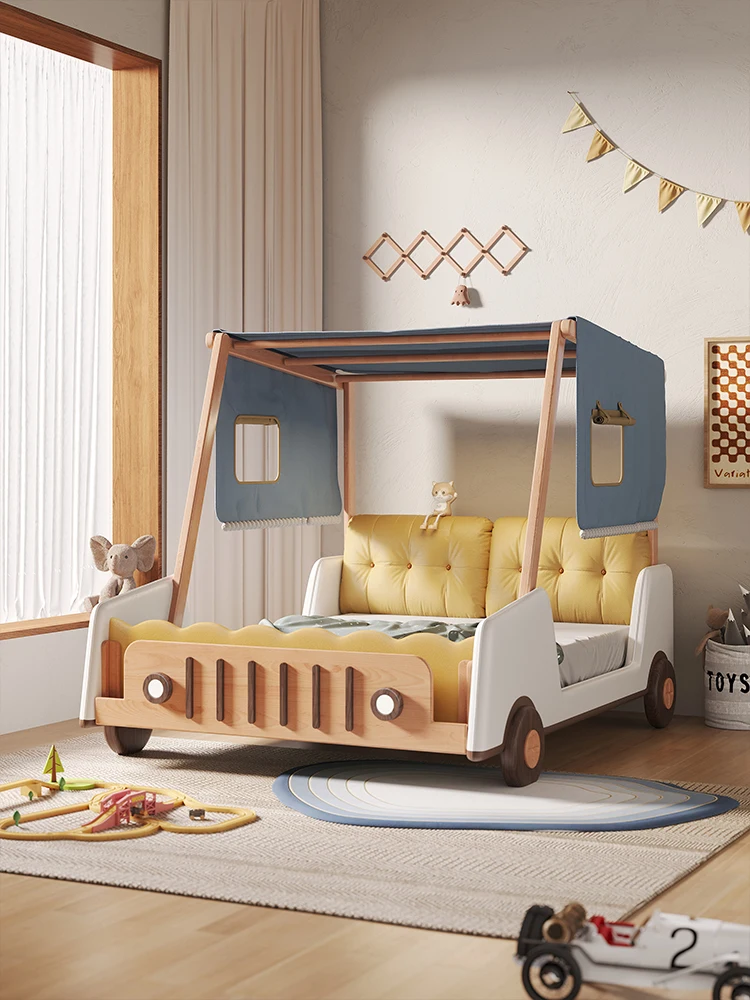 Cartoon car bed boy solid wood kids bed fence boy bed