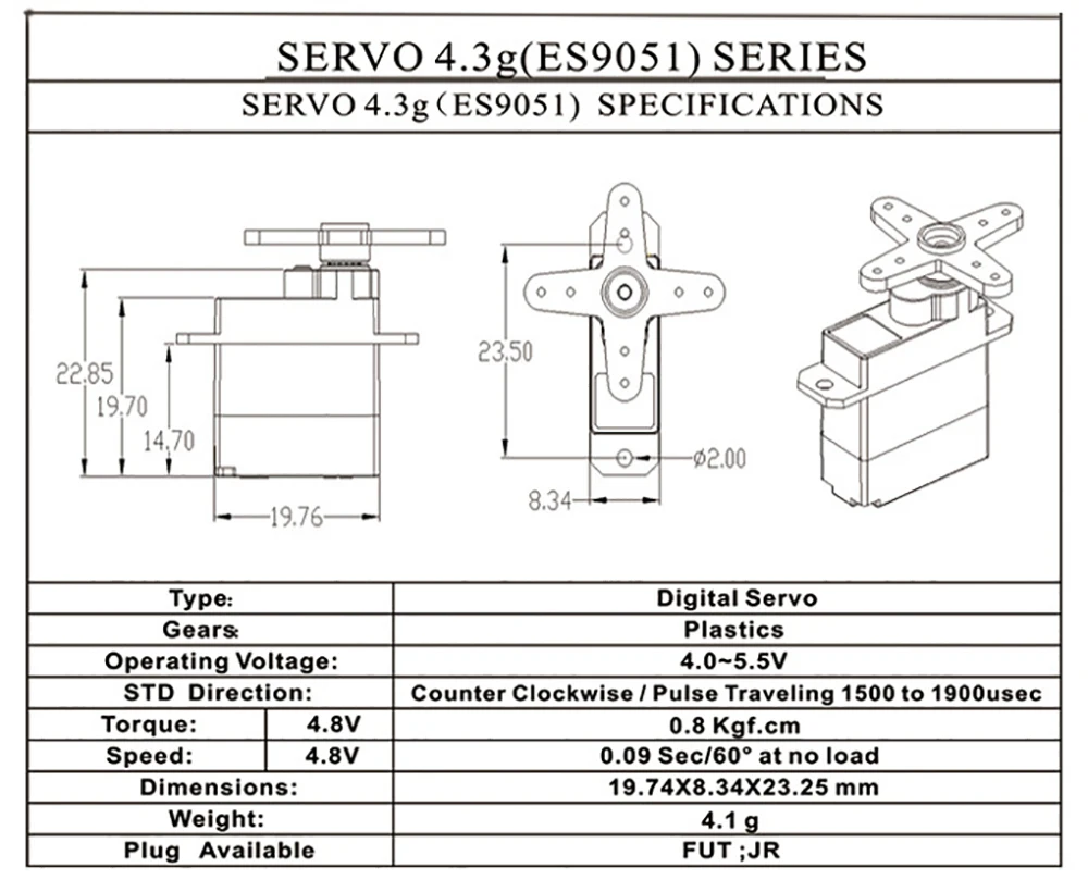 1/2/4Pcs EMAX ES9051 4.3g Digital Servo Plastic Gear 0.8kg Torque for RC Model Airplanes  Car and boat Robot