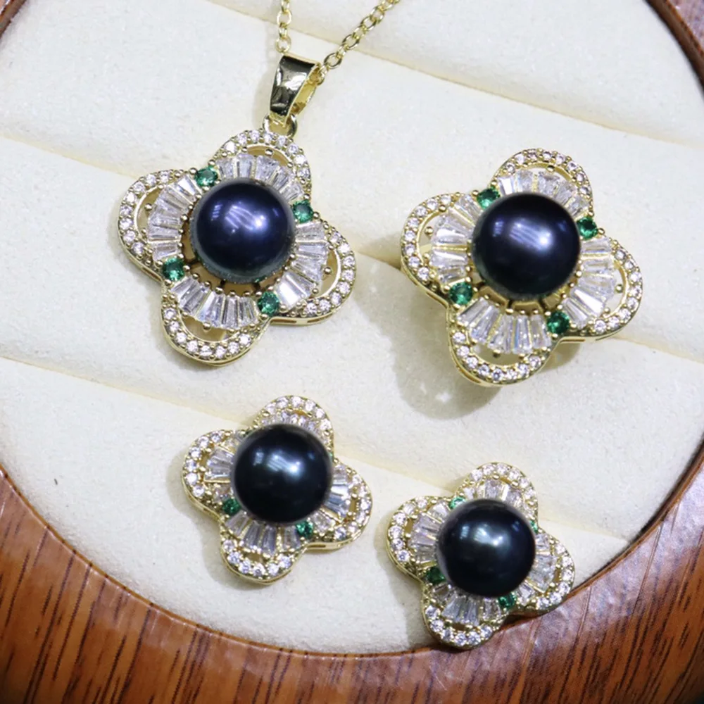 one set freshwater pearl 8-9mm pendant /earrings/Ring white/yellow/black green zircon flower pendant