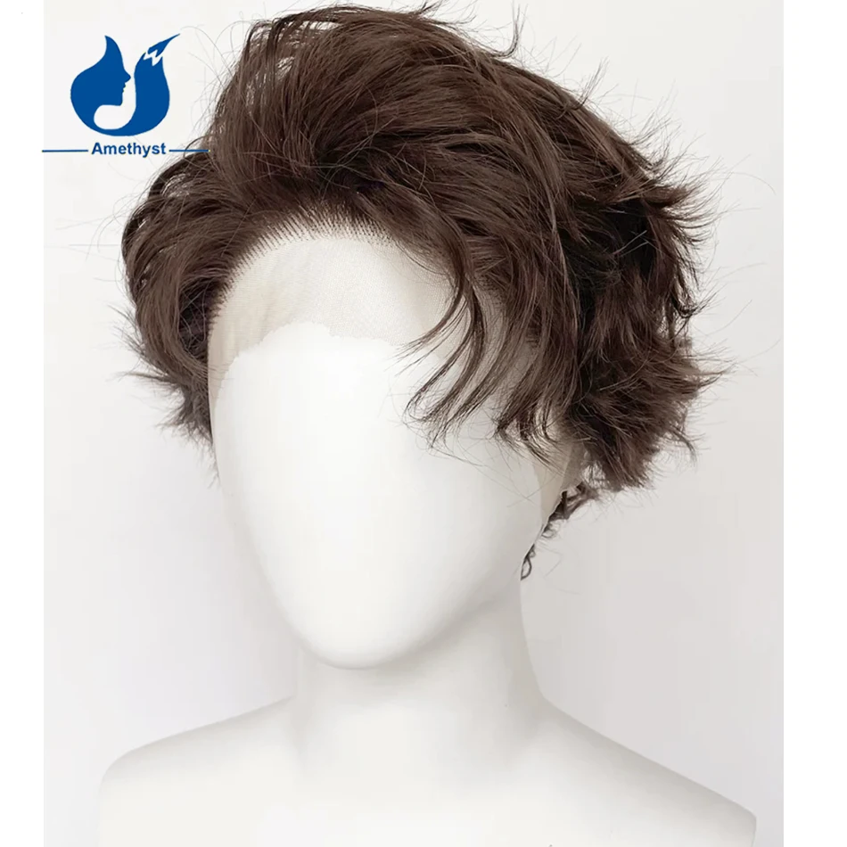 

Аметистовый волнистый темно-коричневый короткий парик с стрижкой пикси, человеческие волосы 13x6, парик спереди, бразильские волосы Remy, предварительно выщипанные волны для мужчин