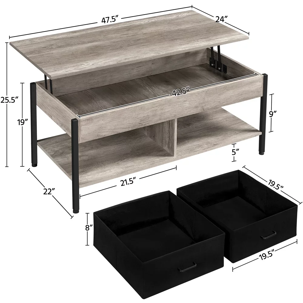 Wood Coffee Table with Storage Baskets, Large, Rustic Gray, Furniture, Living Room  Simple and Modern