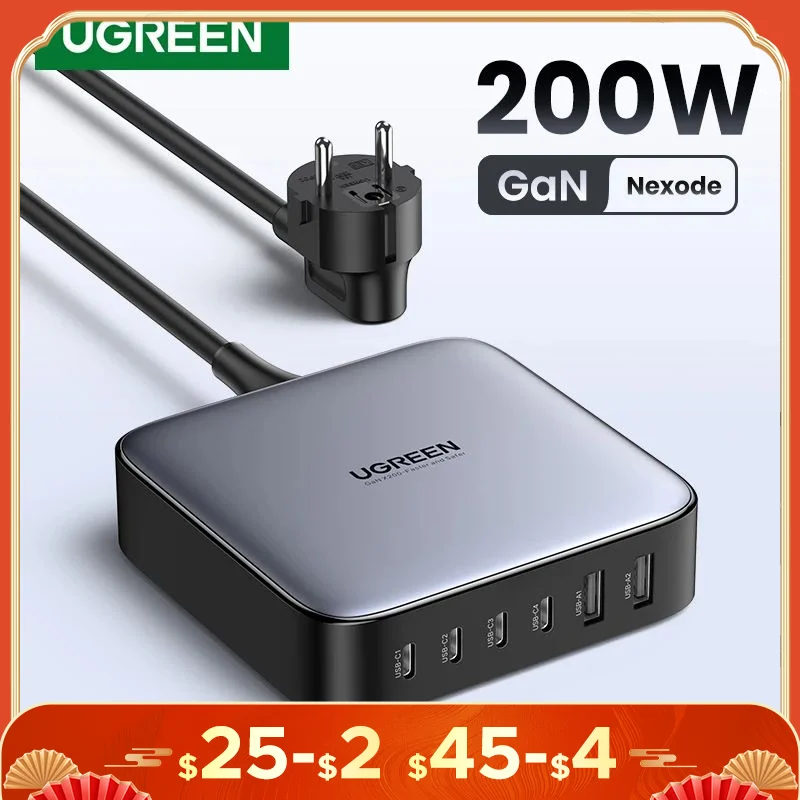 UGREEN 200W GaN Charger Desktop Laptop Fast Charger 6 in 1 Adapter For iPhone 13 12 Pro Max Xiaomi Samsung Tablets Phone Charger