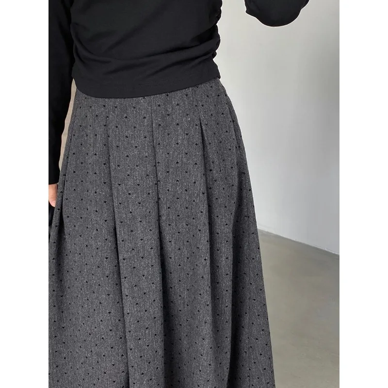 

Versatile Grey Polka Dot Pleated Half-length Skirt with High Waist Covering The Hips and Slimming Down Mid-length A-line Skirt