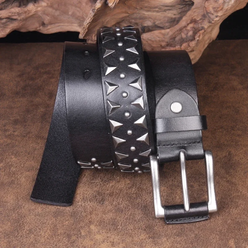 High Quality Top Grain Genuine Leather Cowboy Rivet Metal Men Jeans Belt For Men Punk Rivet Men's Rock Style Pin Buckle Belt