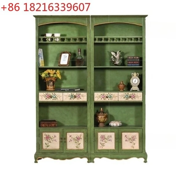 American rural solid wood storage bookcase multi-layer storage retro green painted storage file display locker