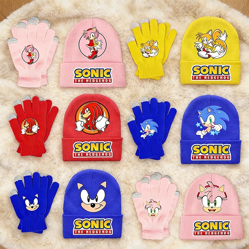 

Sonics Children Winter Knitted Hat Gloves 2pcs Set Boy Girl Keep Warm Cap Anime Cartoon Screen Gloved Set Kid Birthday Xmas Gift